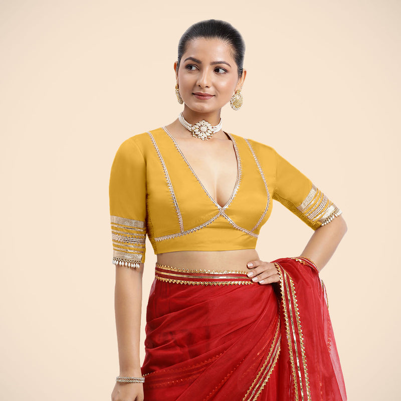Nafeeza x Tyohaar | Elbow Sleeves Marigold Yellow FlexiFit™ Gota Embellished Saree Blouse with Plunging V-Neck-Binks