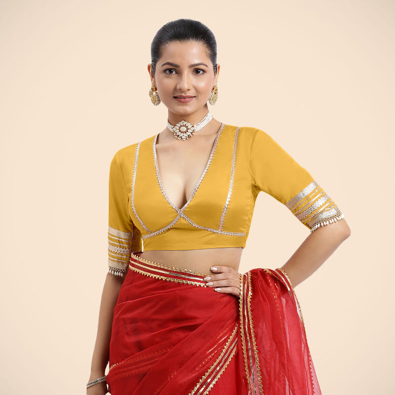 Nafeeza x Tyohaar | Elbow Sleeves Marigold Yellow FlexiFit™ Gota Embellished Saree Blouse with Plunging V-Neck-Binks