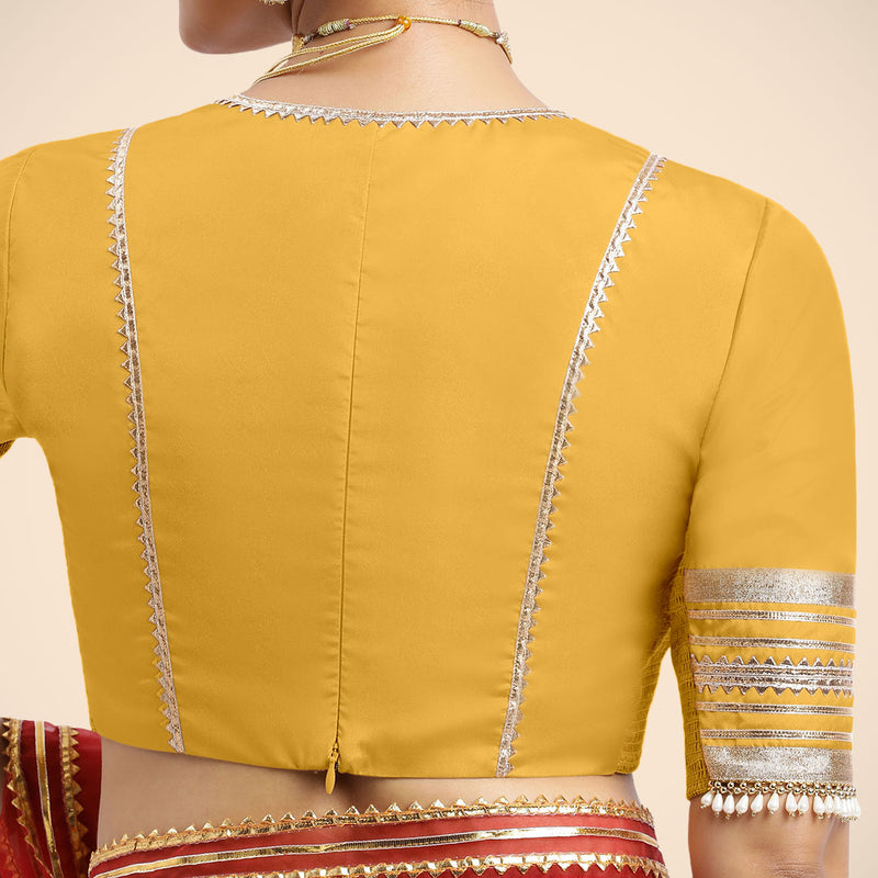 Nafeeza x Tyohaar | Elbow Sleeves Marigold Yellow FlexiFit™ Gota Embellished Saree Blouse with Plunging V-Neck-Binks