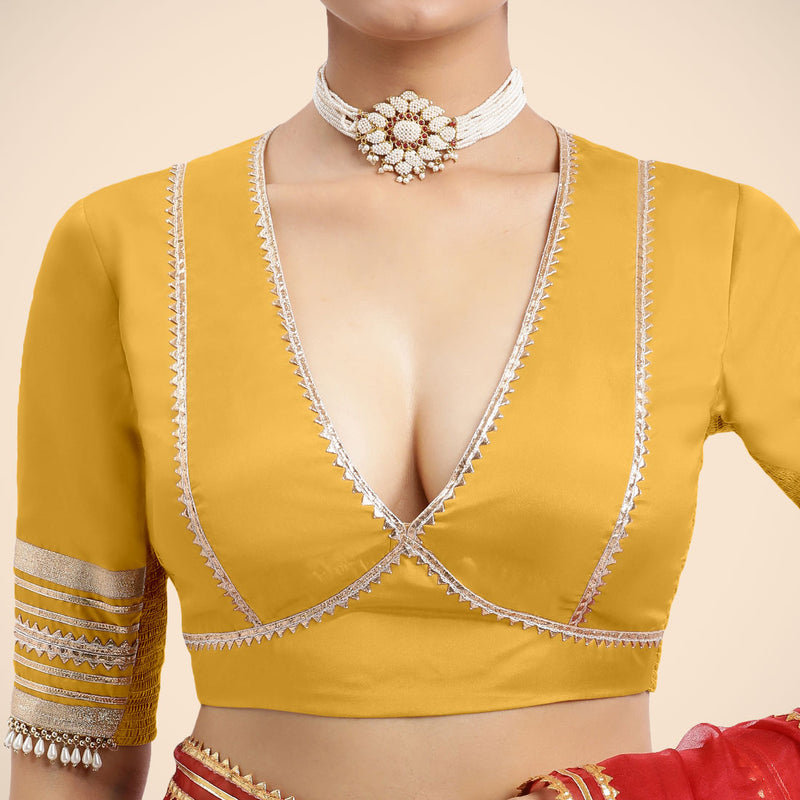 Nafeeza x Tyohaar | Elbow Sleeves Marigold Yellow FlexiFit™ Gota Embellished Saree Blouse with Plunging V-Neck-Binks