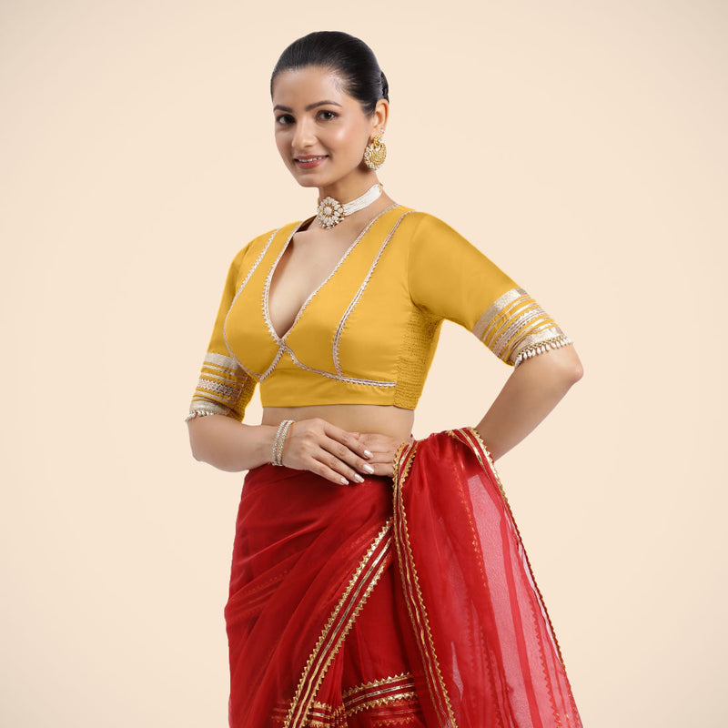 Nafeeza x Tyohaar | Elbow Sleeves Marigold Yellow FlexiFit™ Gota Embellished Saree Blouse with Plunging V-Neck-Binks