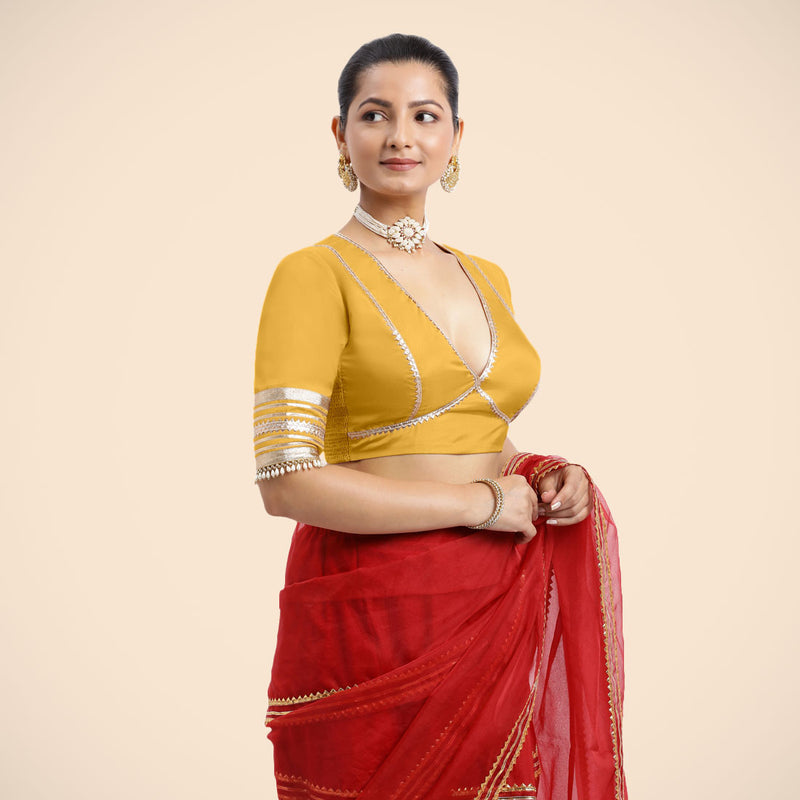 Nafeeza x Tyohaar | Elbow Sleeves Marigold Yellow FlexiFit™ Gota Embellished Saree Blouse with Plunging V-Neck-Binks