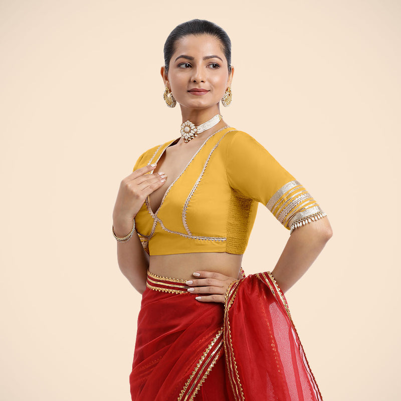 Nafeeza x Tyohaar | Elbow Sleeves Marigold Yellow FlexiFit™ Gota Embellished Saree Blouse with Plunging V-Neck-Binks