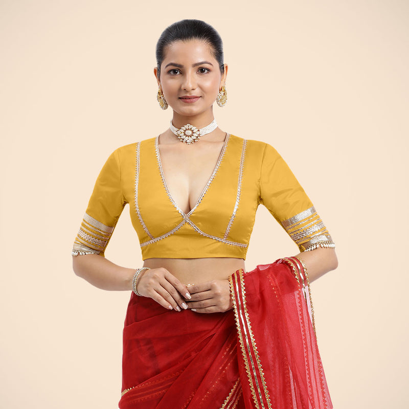 Nafeeza x Tyohaar | Elbow Sleeves Marigold Yellow FlexiFit™ Gota Embellished Saree Blouse with Plunging V-Neck-Binks