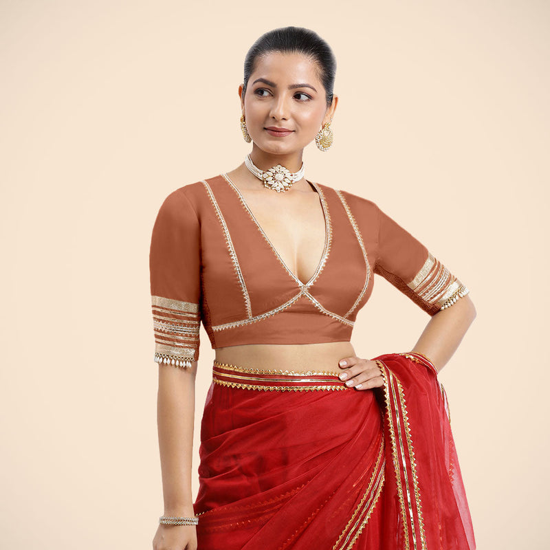 Nafeeza x Tyohaar | Metallic Copper Embellished Elbow Sleeves FlexiFit™ Saree Blouse with Plunging V Neckline with Tasteful Golden Gota Lace-Binks