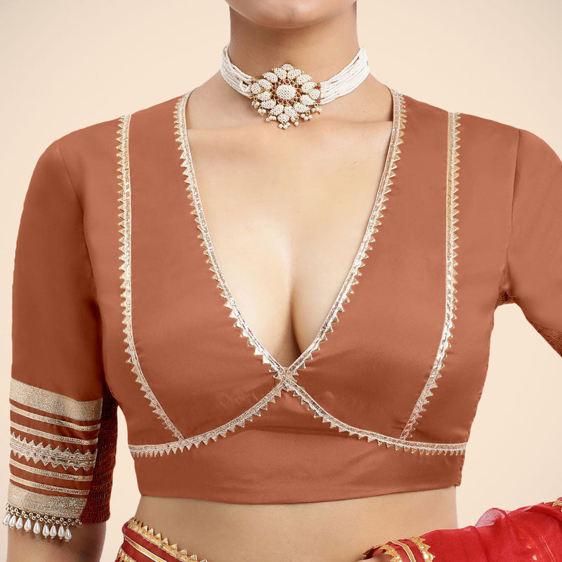 Nafeeza x Tyohaar | Metallic Copper Embellished Elbow Sleeves FlexiFit™ Saree Blouse with Plunging V Neckline with Tasteful Golden Gota Lace-Binks