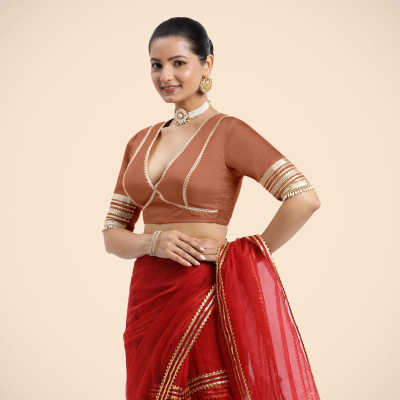Nafeeza x Tyohaar | Metallic Copper Embellished Elbow Sleeves FlexiFit™ Saree Blouse with Plunging V Neckline with Tasteful Golden Gota Lace-Binks