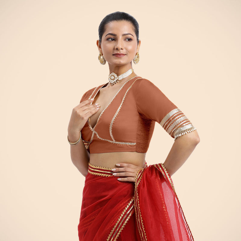 Nafeeza x Tyohaar | Metallic Copper Embellished Elbow Sleeves FlexiFit™ Saree Blouse with Plunging V Neckline with Tasteful Golden Gota Lace-Binks