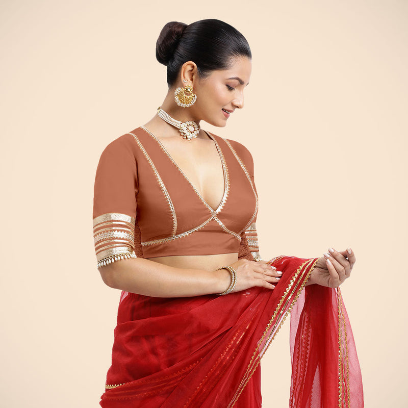 Nafeeza x Tyohaar | Metallic Copper Embellished Elbow Sleeves FlexiFit™ Saree Blouse with Plunging V Neckline with Tasteful Golden Gota Lace-Binks