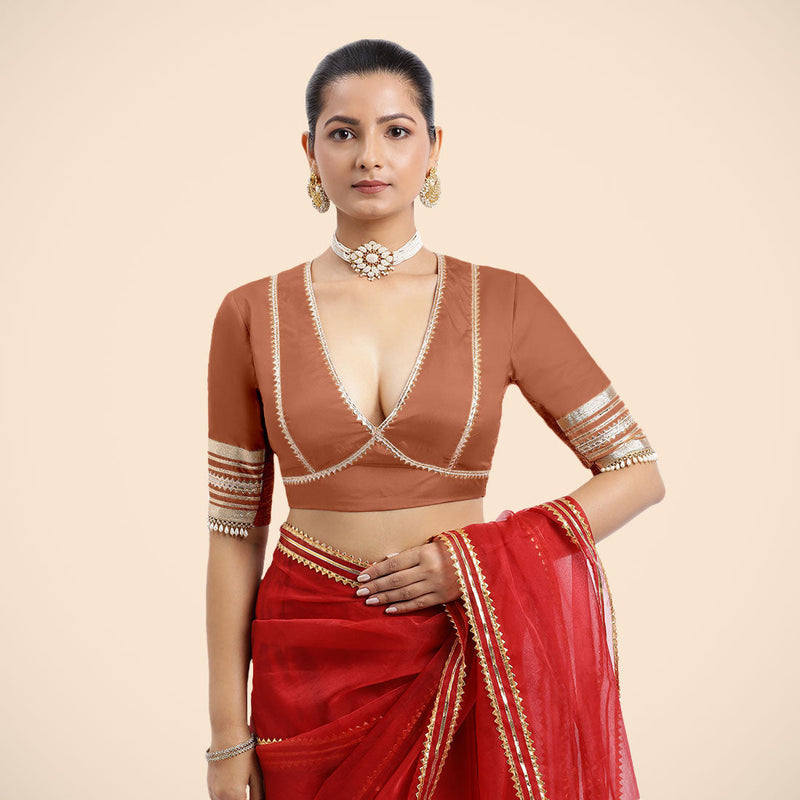 Nafeeza x Tyohaar | Metallic Copper Embellished Elbow Sleeves FlexiFit™ Saree Blouse with Plunging V Neckline with Tasteful Golden Gota Lace-Binks