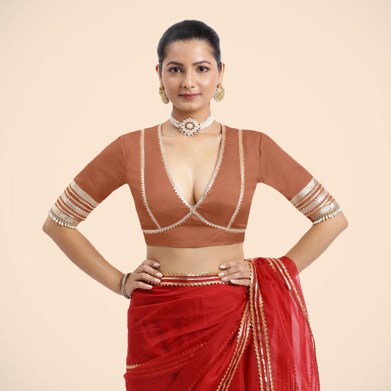 Nafeeza x Tyohaar | Metallic Copper Embellished Elbow Sleeves FlexiFit™ Saree Blouse with Plunging V Neckline with Tasteful Golden Gota Lace-Binks