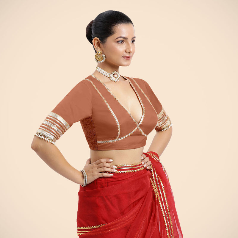 Nafeeza x Tyohaar | Metallic Copper Embellished Elbow Sleeves FlexiFit™ Saree Blouse with Plunging V Neckline with Tasteful Golden Gota Lace-Binks