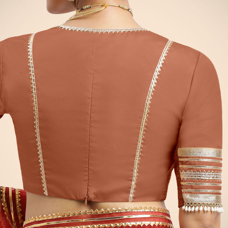 Nafeeza x Tyohaar | Metallic Copper Embellished Elbow Sleeves FlexiFit™ Saree Blouse with Plunging V Neckline with Tasteful Golden Gota Lace-Binks