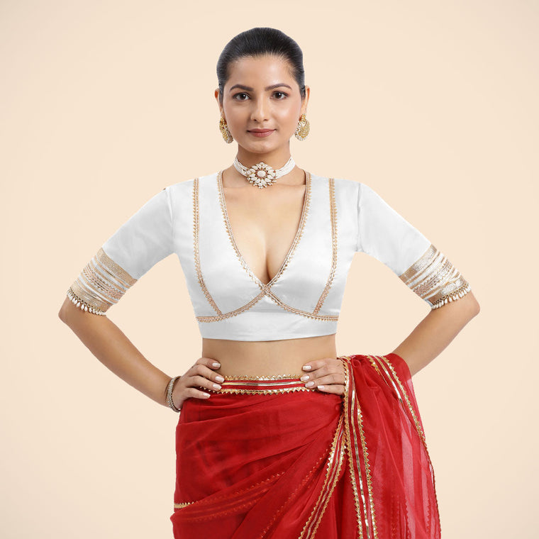 Nafeeza x Tyohaar Saree Blouse, in White Vegan Silk, featuring elbow sleeves and v-neckline, made for party & festive.