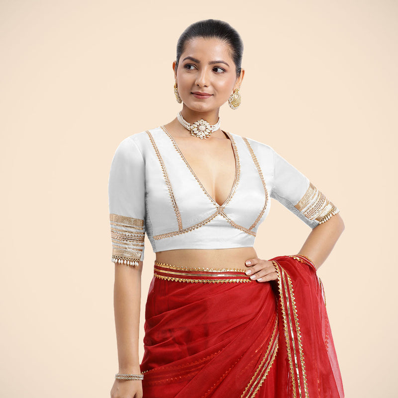 Nafeeza x Tyohaar | Pearl White Embellished Elbow Sleeves FlexiFit™ Saree Blouse with Plunging V Neckline with Tasteful Golden Gota Lace-Binks