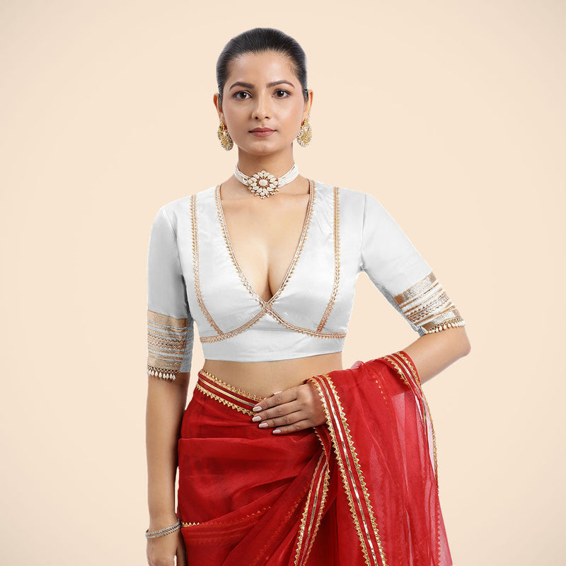 Nafeeza x Tyohaar | Pearl White Embellished Elbow Sleeves FlexiFit™ Saree Blouse with Plunging V Neckline with Tasteful Golden Gota Lace-Binks