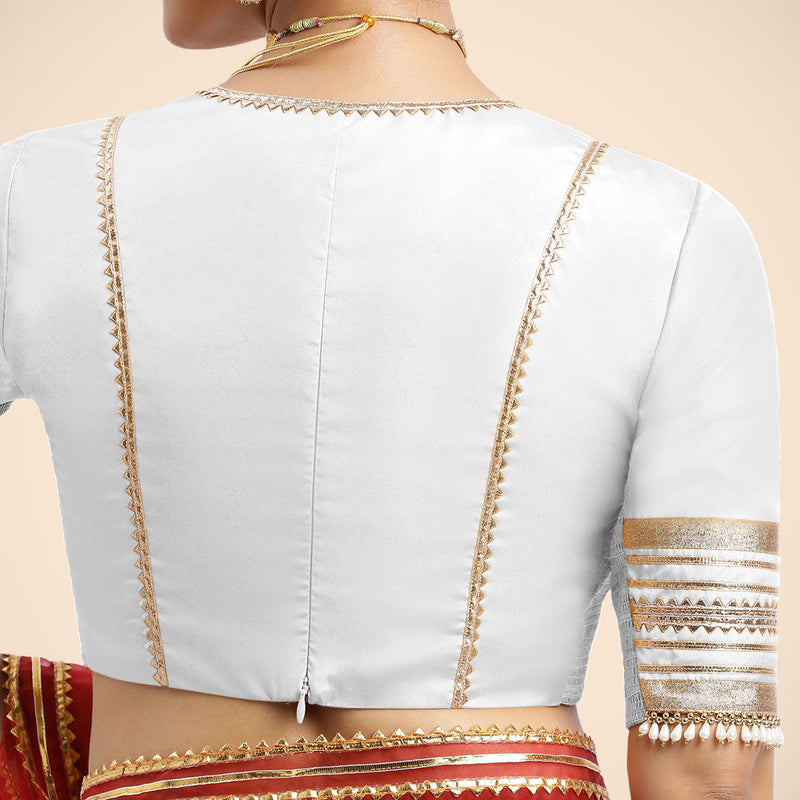 Nafeeza x Tyohaar | Pearl White Embellished Elbow Sleeves FlexiFit™ Saree Blouse with Plunging V Neckline with Tasteful Golden Gota Lace-Binks