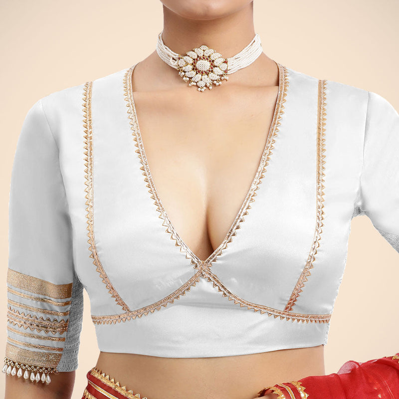 Nafeeza x Tyohaar | Pearl White Embellished Elbow Sleeves FlexiFit™ Saree Blouse with Plunging V Neckline with Tasteful Golden Gota Lace-Binks