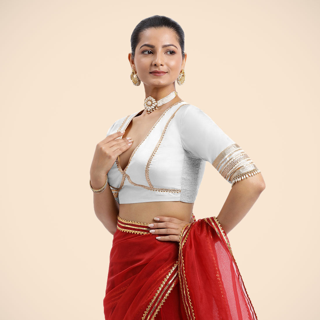 Nafeeza x Tyohaar Saree Blouse, in White Vegan Silk, featuring elbow sleeves and v-neckline, made for party & festive (view 8).