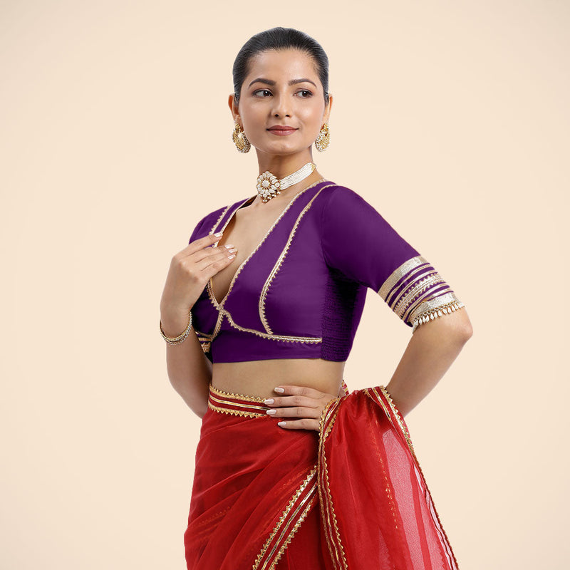 Nafeeza x Tyohaar | Purple Embellished Elbow Sleeves FlexiFit™ Saree Blouse with Plunging V Neckline with Tasteful Golden Gota Lace-Binks