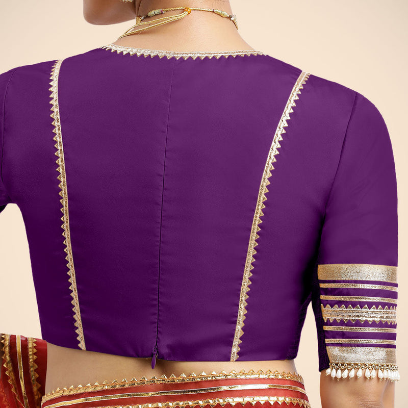 Nafeeza x Tyohaar | Purple Embellished Elbow Sleeves FlexiFit™ Saree Blouse with Plunging V Neckline with Tasteful Golden Gota Lace-Binks