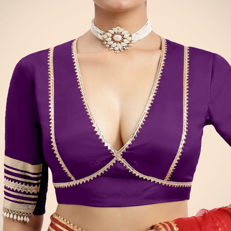 Nafeeza x Tyohaar | Purple Embellished Elbow Sleeves FlexiFit™ Saree Blouse with Plunging V Neckline with Tasteful Golden Gota Lace-Binks