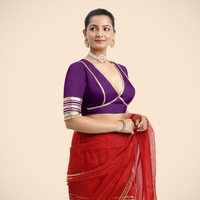 Nafeeza x Tyohaar | Purple Embellished Elbow Sleeves FlexiFit™ Saree Blouse with Plunging V Neckline with Tasteful Golden Gota Lace-Binks