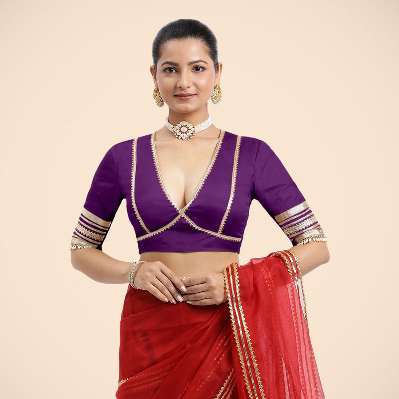 Nafeeza x Tyohaar | Purple Embellished Elbow Sleeves FlexiFit™ Saree Blouse with Plunging V Neckline with Tasteful Golden Gota Lace-Binks
