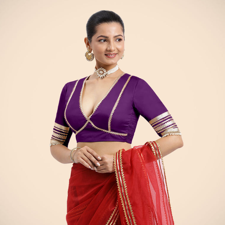 Nafeeza x Tyohaar Saree Blouse, in Purple Vegan Silk, featuring elbow sleeves and v-neckline, made for party & festive (view 3).