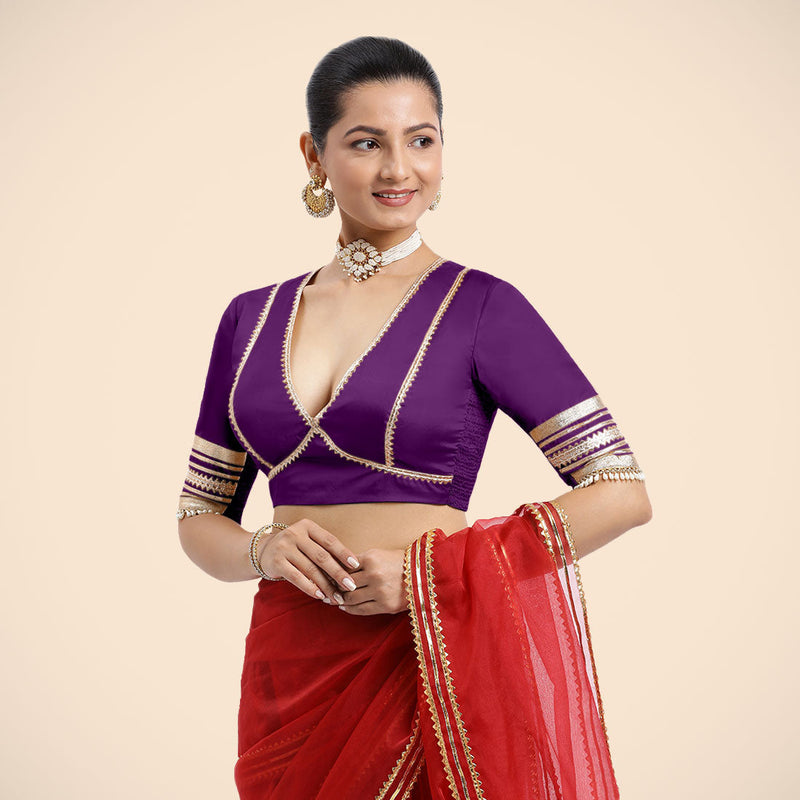 Nafeeza x Tyohaar | Purple Embellished Elbow Sleeves FlexiFit™ Saree Blouse with Plunging V Neckline with Tasteful Golden Gota Lace-Binks