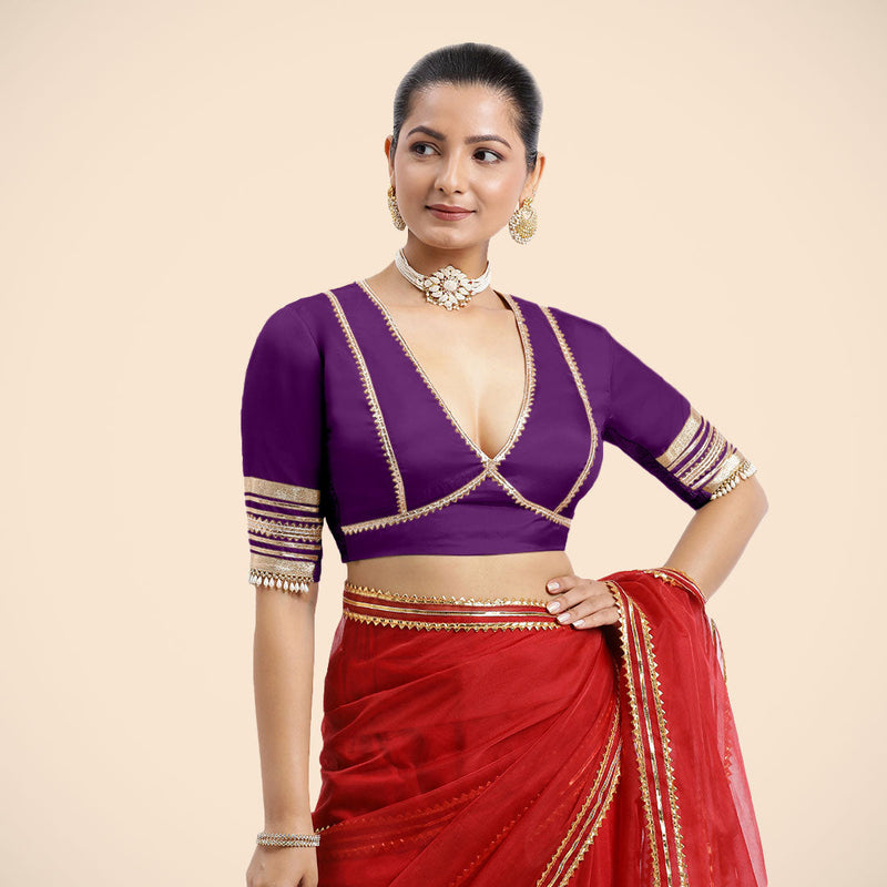 Nafeeza x Tyohaar | Purple Embellished Elbow Sleeves FlexiFit™ Saree Blouse with Plunging V Neckline with Tasteful Golden Gota Lace-Binks