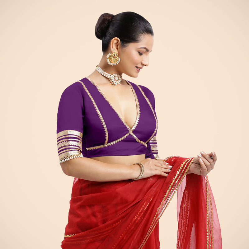 Nafeeza x Tyohaar | Purple Embellished Elbow Sleeves FlexiFit™ Saree Blouse with Plunging V Neckline with Tasteful Golden Gota Lace-Binks