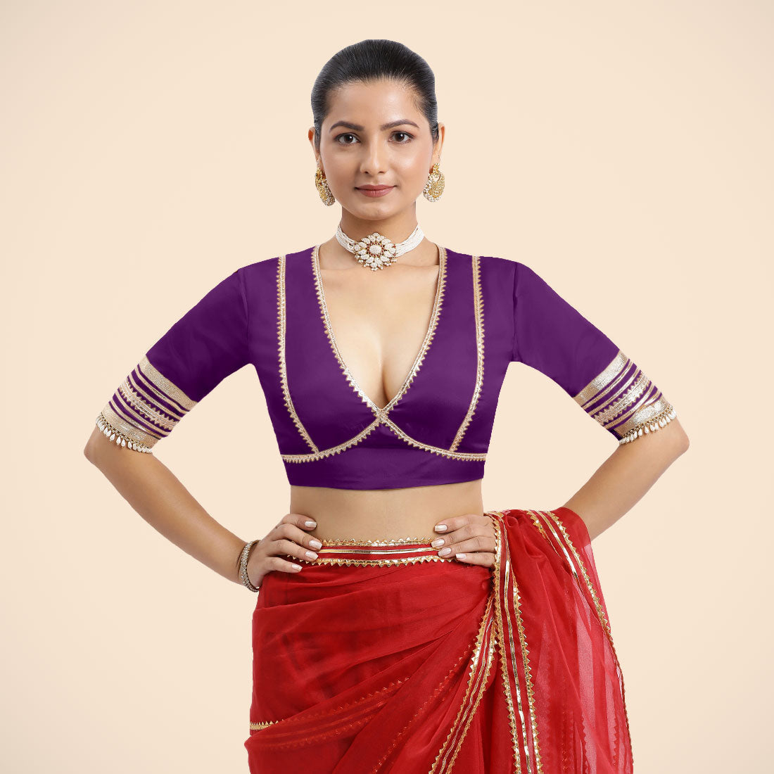 Nafeeza x Tyohaar Saree Blouse, in Purple Vegan Silk, featuring elbow sleeves and v-neckline, made for party & festive (view 8).