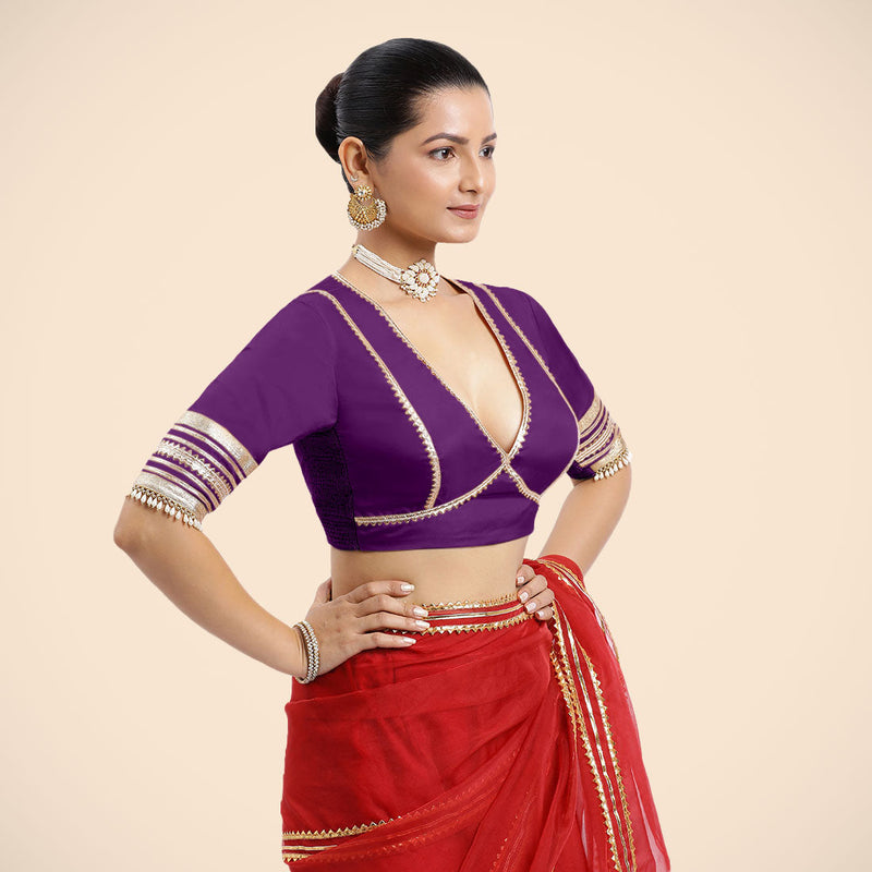 Nafeeza x Tyohaar | Purple Embellished Elbow Sleeves FlexiFit™ Saree Blouse with Plunging V Neckline with Tasteful Golden Gota Lace-Binks