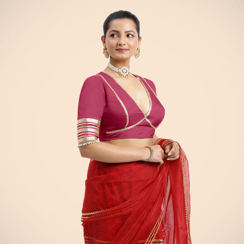 Nafeeza x Tyohaar | Rani Pink Embellished Elbow Sleeves FlexiFit™ Saree Blouse with Plunging V Neckline with Tasteful Golden Gota Lace-Binks