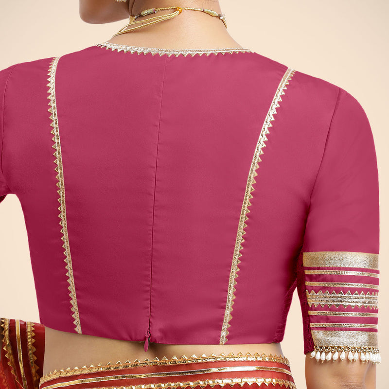 Nafeeza x Tyohaar | Rani Pink Embellished Elbow Sleeves FlexiFit™ Saree Blouse with Plunging V Neckline with Tasteful Golden Gota Lace-Binks