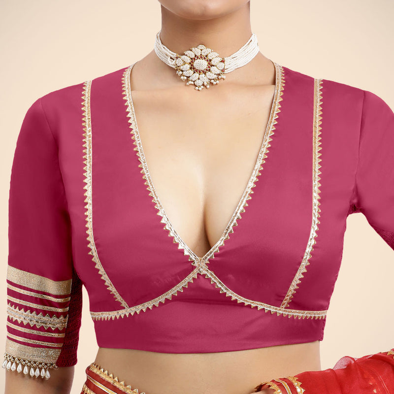 Nafeeza x Tyohaar | Rani Pink Embellished Elbow Sleeves FlexiFit™ Saree Blouse with Plunging V Neckline with Tasteful Golden Gota Lace-Binks