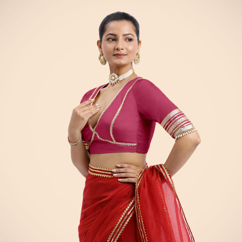 Nafeeza x Tyohaar | Rani Pink Embellished Elbow Sleeves FlexiFit™ Saree Blouse with Plunging V Neckline with Tasteful Golden Gota Lace-Binks