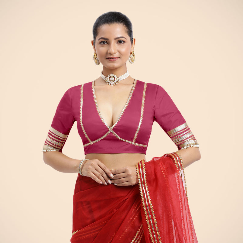 Nafeeza x Tyohaar | Rani Pink Embellished Elbow Sleeves FlexiFit™ Saree Blouse with Plunging V Neckline with Tasteful Golden Gota Lace-Binks