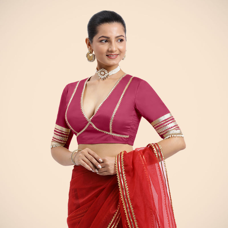 Nafeeza x Tyohaar | Rani Pink Embellished Elbow Sleeves FlexiFit™ Saree Blouse with Plunging V Neckline with Tasteful Golden Gota Lace-Binks