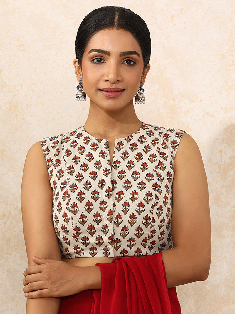 Naimisha x Rozaana | Sleeveless Saree Blouse in Tulip Bloom Cream Block Print Cotton-Binks