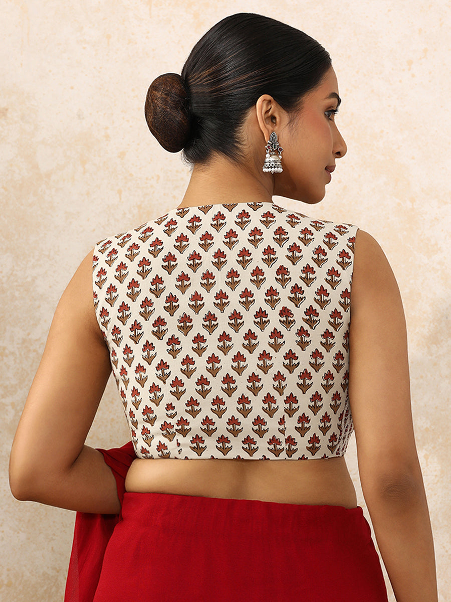 Naimisha x Rozaana Saree Blouse, in Cream 100% Cotton - Block Printed, featuring sleeveless and jewel neckline (view 2).