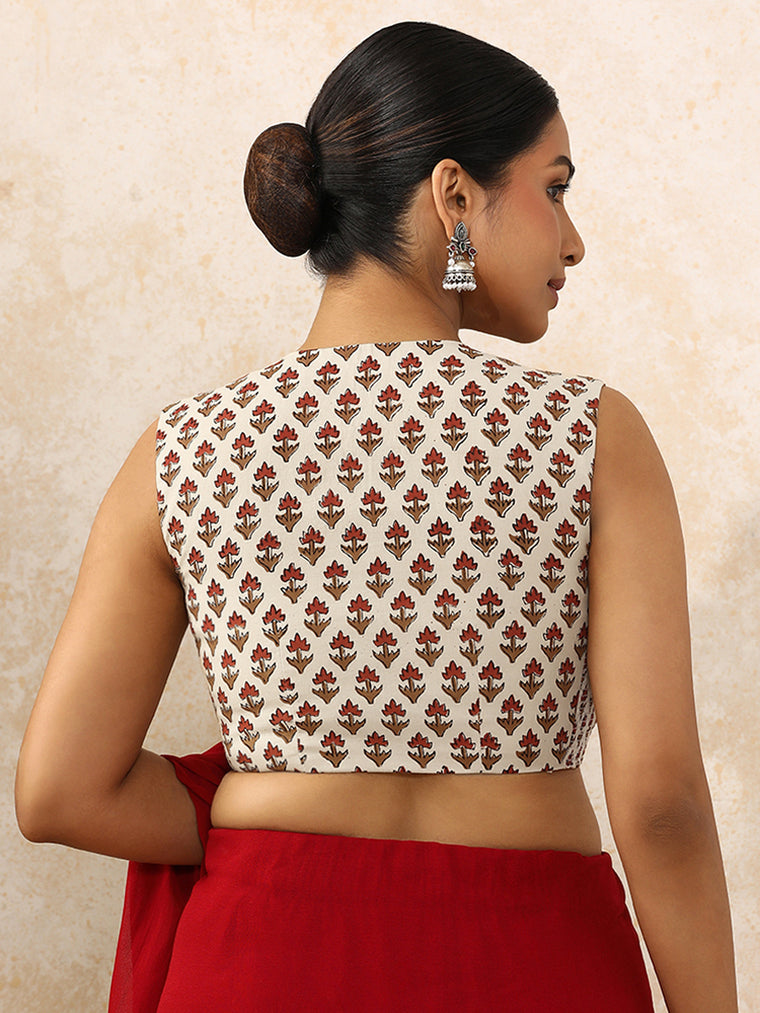 Naimisha x Rozaana Saree Blouse, in Cream 100% Cotton - Block Printed, featuring sleeveless and jewel neckline (view 2).