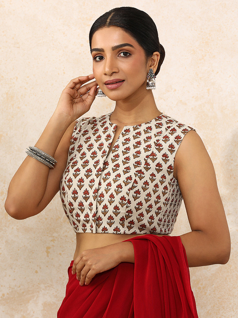Naimisha x Rozaana | Sleeveless Saree Blouse in Tulip Bloom Cream Block Print Cotton-Binks