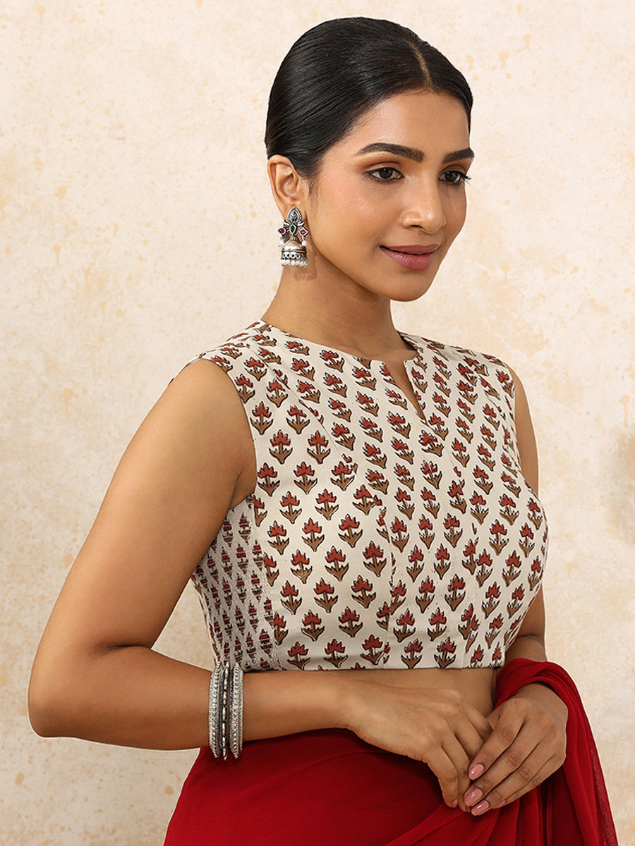 Naimisha x Rozaana Saree Blouse, in Cream 100% Cotton - Block Printed, featuring sleeveless and jewel neckline (view 8).