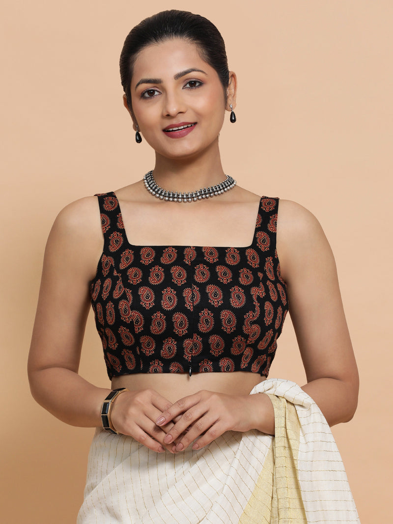Naina x Rozaana | Sleeveless Cotton Saree Blouse in Black Mango Block Print Fabric-Binks