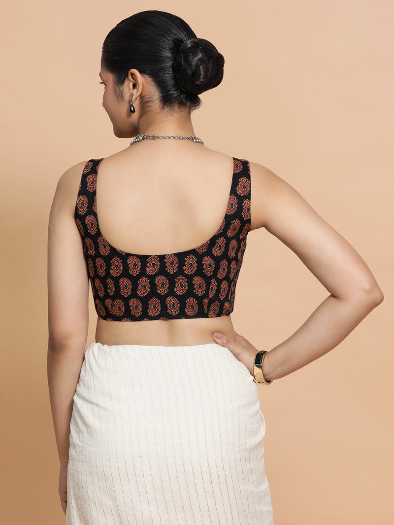 Naina x Rozaana | Sleeveless Cotton Saree Blouse in Black Mango Block Print Fabric-Binks