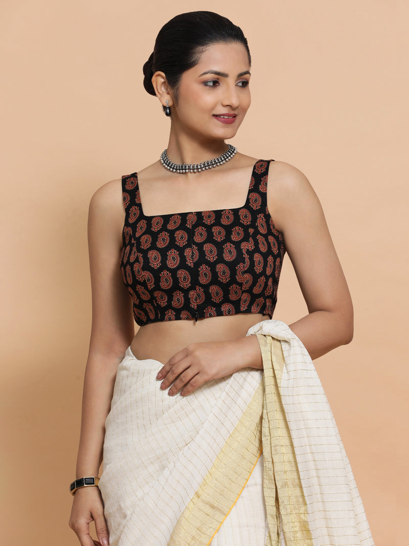 Naina x Rozaana | Sleeveless Cotton Saree Blouse in Black Mango Block Print Fabric-Binks