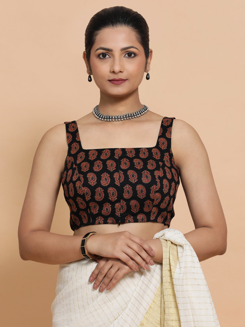 Naina x Rozaana | Sleeveless Cotton Saree Blouse in Black Mango Block Print Fabric-Binks