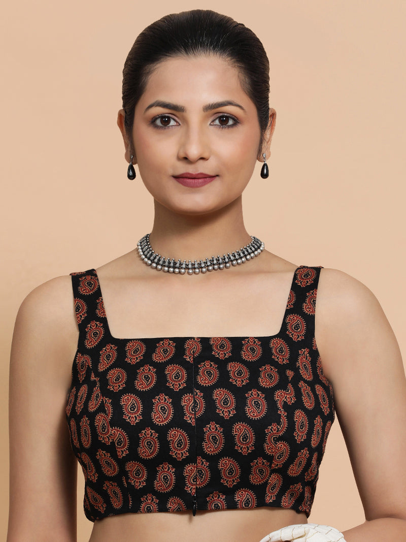Naina x Rozaana | Sleeveless Cotton Saree Blouse in Black Mango Block Print Fabric-Binks